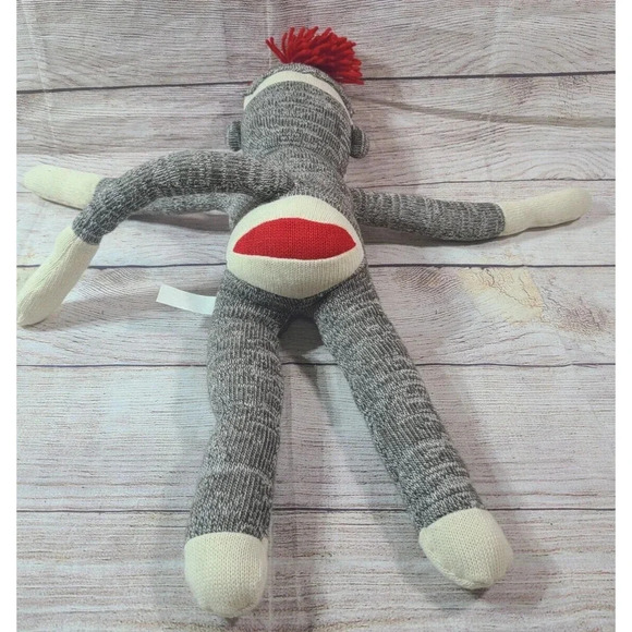 Schylling Plush Sock Monkey Stuffed Animal Red Mouth Bottom Brown Cream 22" - Picture 2 of 3